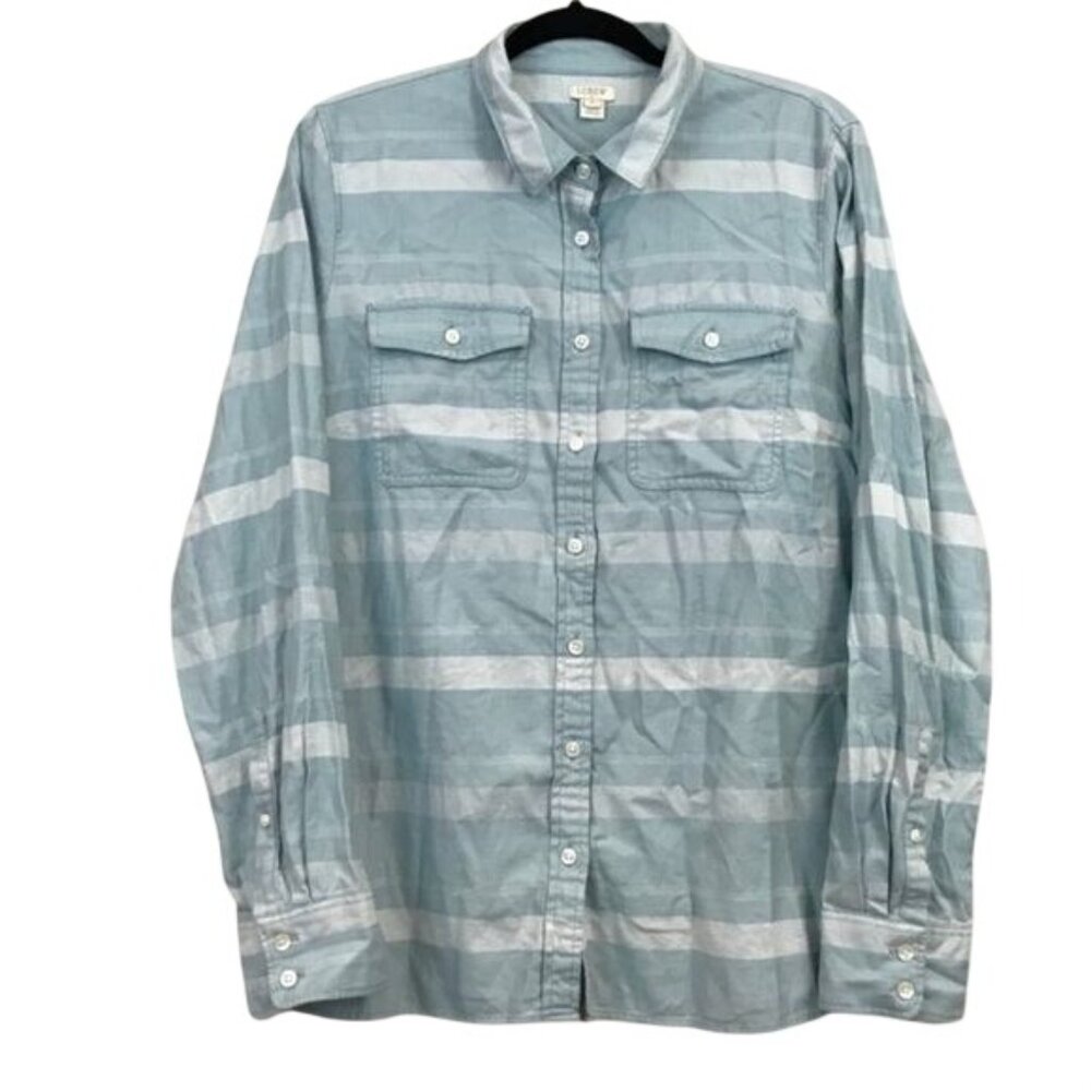 J.Crew Women XL Light Blue & White Striped Long Sleeve Flannel Button-Up Shirt